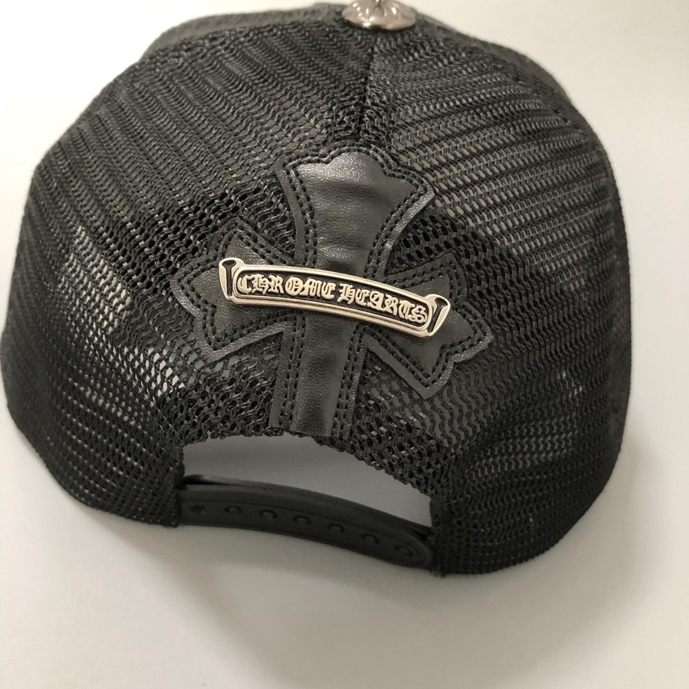 Chrome Hearts Black Trucker Hat with Leather Cross Logo Baseball Cap Women Men - Picture 8 of 14